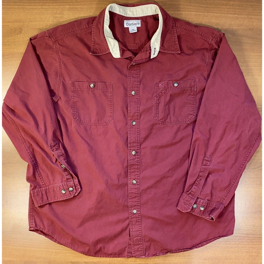 Carhartt Button Down Shirt Mens 2XL Heavy Weight Pockets Cotton Red Work